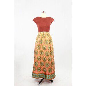 Vintage 60's MORSAM Coral Pink Retro Foulard Quilted A-Line Maxi Skirt, Size S